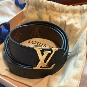 Louis Vuitton Black Leather Belt with Gold Buckle